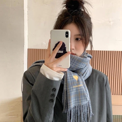 Plaid Scarf For Women Winter Warm Acrylic Artificial Wool Heart Embroidery Tassel Checkered Gingham Shawl Neck Warmer