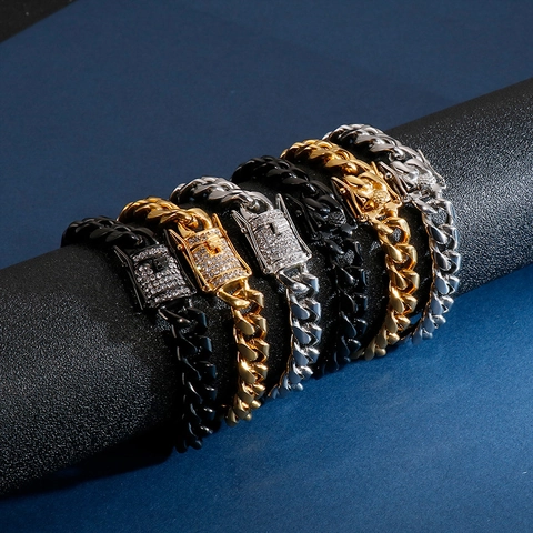 Pulsera De Cadena Cubana De Acero Inoxidable Con Cierre De Cristales Joyería Hip Hop Para Hombre