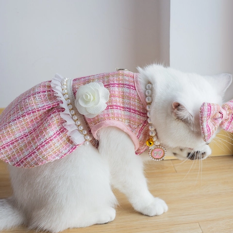 Elegant Pet Tweed Dress Matching Bow Hairclip Artificial Pearl Necklace For Cats Small Dogs Plaid Princess Camellia Flower