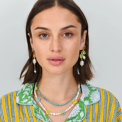 Freshwater Pearl And Colorful Flower Beaded Necklace Handmade Bohemian Style Summer Jewelry For Women