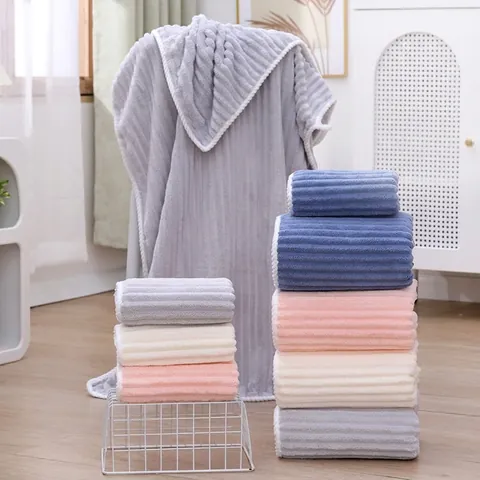 Coral Velvet Striped Absorbent Bathroom Bath Towels Hand Towels And Hair Drying Cap Soft Quick Dry Home Essentials