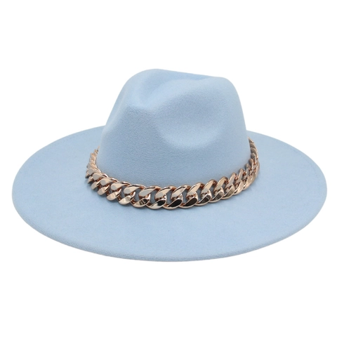 Wide Brim Fedora Hat Woolen Felt With Thick Gold Metal Chain Decoration Western Jazz Style For Men Women