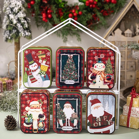 Christmas Tin Gift Box Tinplate Rectangular Storage Case With Lid For Candy Biscuits Festive Holiday Party Favor Santa Snowman Pattern