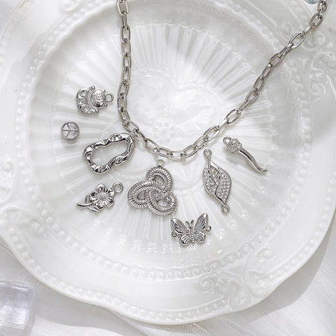 304 Stainless Steel DIY Charms Pendants For Jewelry Making Butterfly Flower Leaf Lucky Cat Shapes Silver Color