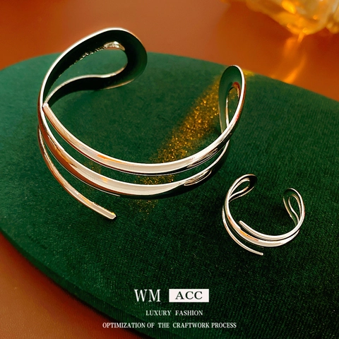 Minimalist Geometric Spiral Open Bracelet And Ring High Polish Metal Layered Line Jewelry Accessories For Women