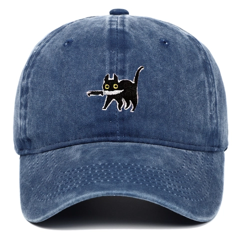 Washed Cotton Baseball Cap Retro Distressed Bestickte Katze Beißt Messer Verstellbarer Outdoor Sport Hut