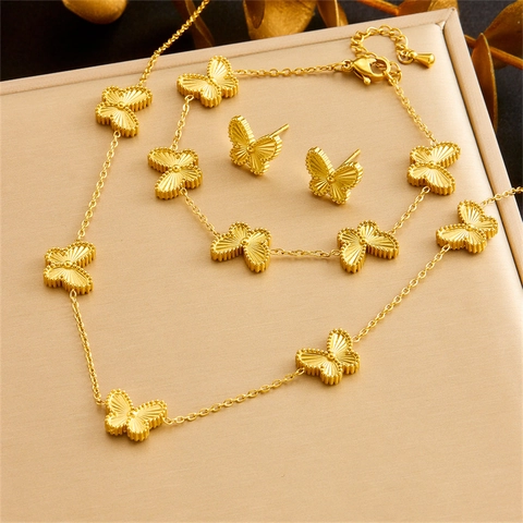 Set Di Gioielli Farfalla Acciaio Inossidabile Collana Orecchini Bracciale Placcato Oro Motivo Radiale Moda Donna