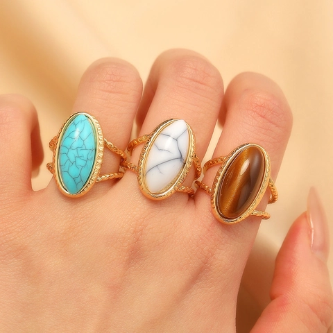 Anillos Abiertos de Cobre Bohemios Vintage para Mujer Personalidad Ojo de Tigre Turquesa Resina Incrustado Anillo de Dedo Geométrico Ajustable Joyería Regalo