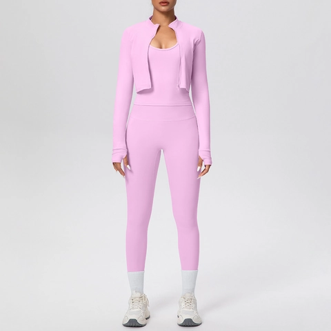 Yoga Set Damen Slim Fit Nylon Spandex Langarm Jacke Mit Daumenloch Hoch Taillierte Leggings Sport BH Fitness Training