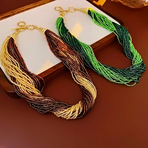 Collar Multicapa De Cuentas De Semilla Aleación Cadena De Clavícula Torcida Estilo Bohemio Vintage Para Mujer