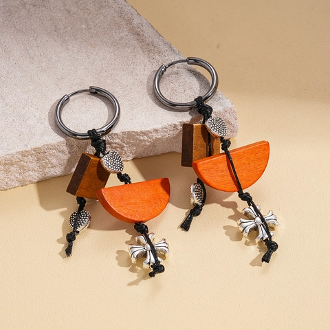 Ethnic Bohemian Drop Earrings With Wooden Blocks Heart Charm And Cross Pendant For Women Retro Geometric Vacation Jewelry