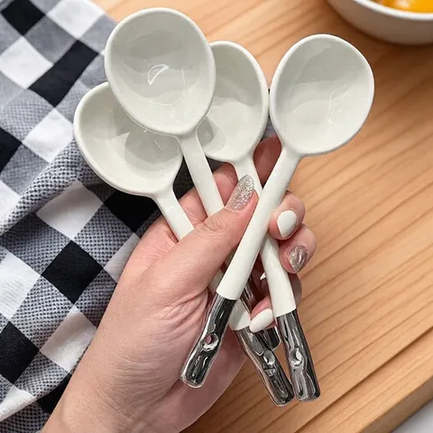 Ceramic Soup Spoons Silver Gold Plated Nordic Minimalist Round Head Long Handle Hanging Hole Kitchen Dining Tableware