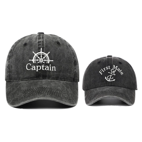 Vintage Washed Cotton Baseball Cap Set Embroidered Captain First Mate Parent-Child Matching Adjustable Sun Hat Family Gift