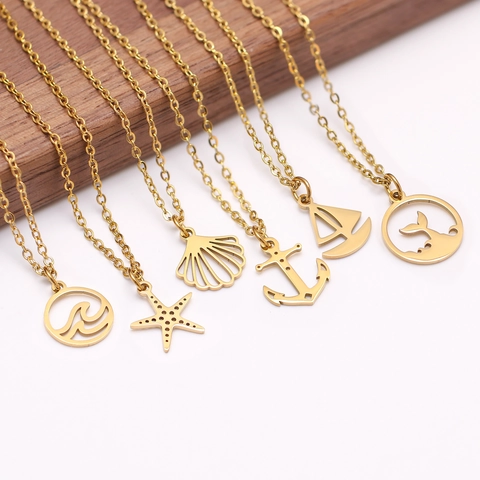 Collana a Tema Oceano in Acciaio Inossidabile 304 Minimalista per Donna Oro Argento Conchiglia Stella Marina Ancora Balena Onda Ciondolo