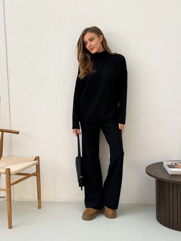 Dames Gebreide Trui Met Col Lange Mouwen En Wijde Broek Katoenmix Effen Kleur Casual Loungekleding Herfst Winter