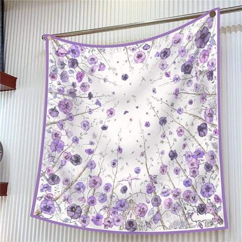 Women's Satin Square Scarf Violet Floral Print Artistic Water Ink Bird Pattern Twill Silk Like Lightweight Shawl For Lady Travel Decor