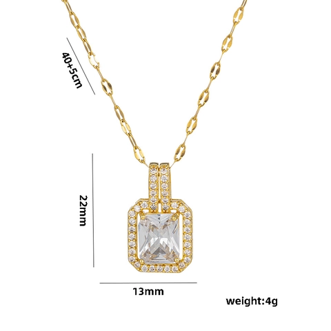 Collier Pendentif Acier Inoxydable Zircone Cubique Rectangle Émeraude Rose Clair Gemme Plaqué Or Bijoux Élégants Femmes