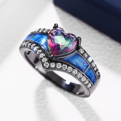 Heart Ring Copper Rainbow Mystic Topaz Black Gold Plated Blue Enamel Zircon Gothic Vintage Jewelry For Women