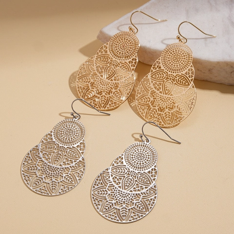 Copper Hollow Out Mandala Flower Drop Earrings Vintage Geometric Round Ethnic Jewelry For Women