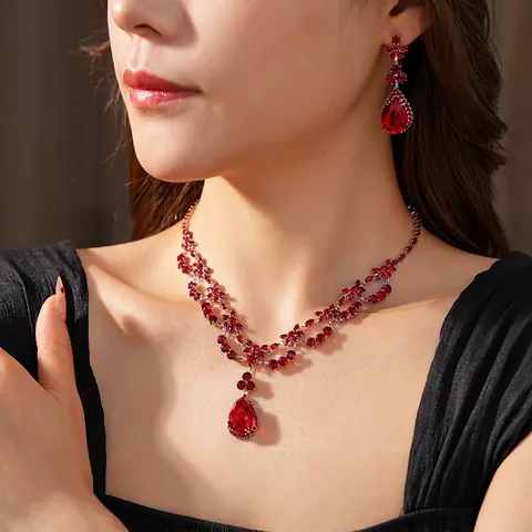 Collana E Orecchini Vintage Fiore Goccia D Acqua Rame Zirconia Lusso Reale Banchetto Matrimonio Gioielli Accessorio