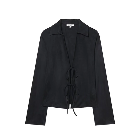 Suede Effect Lace Up Blouse Shirt Long Sleeve Solid Color Turn Down Collar Casual Fall Top For Women
