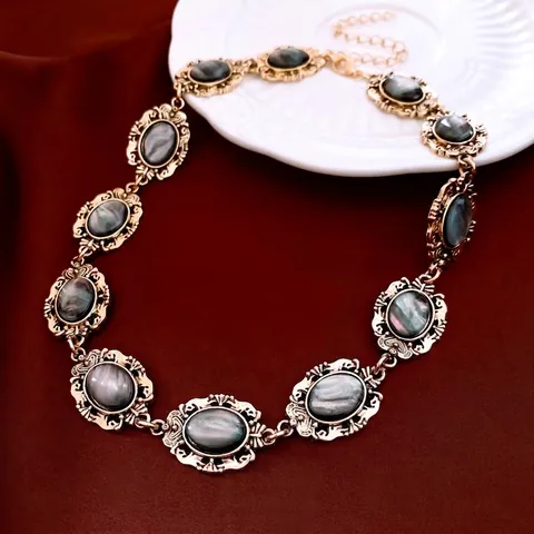 Collier Et Boucles D'oreilles Vintage Incrustation Résine Ovale Bijoux Avec Tige En Argent Pour Femme Style Palais Rétro
