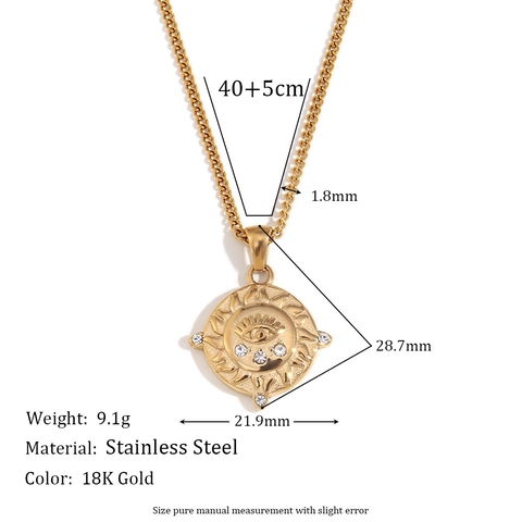 Collana con Pendente a Moneta in Acciaio Inossidabile Tarocchi Vintage per Donna Placcata Oro 18K Strass Sole Occhio Stella
