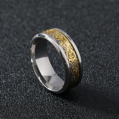 Anillo De Acero Inoxidable Dragón Celta Hombre Vintage Punk Incrustación Fibra De Carbono Joyería Regalo