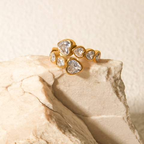 Anillo Abierto Cruzado Con Forma De Corazón Acero Inoxidable Bañado En Oro De 18K Circoncitos Estilo Francés Mujer