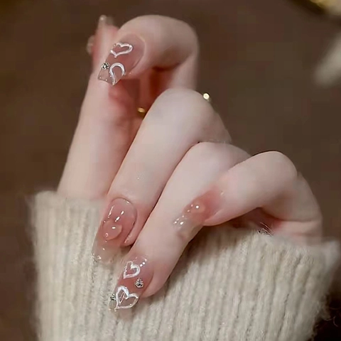 Uñas Postizas A Presión Degradado Púrpura Ahumado Malva Patrón Corazón Con Pedrería Forma Larga Ataúd Ballet Uñas Brillantes