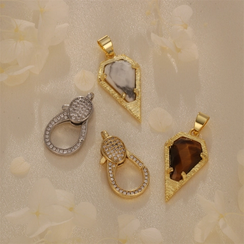 Natural Stone Pendant Copper Gold Plated Pave Zircon Clasp DIY Jewelry Finding Tiger Eye Turquoise Geometric Arrowhead