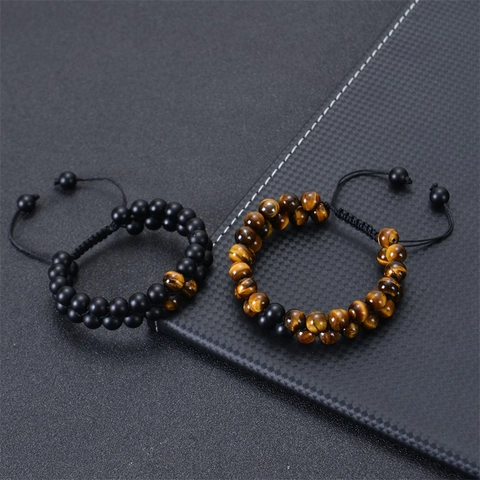 Lagen Handgewebtes Armband Natürliches Tigerauge Und Matte Steinperlen Verstellbares Seil Unisex Schmuck Retro Stil