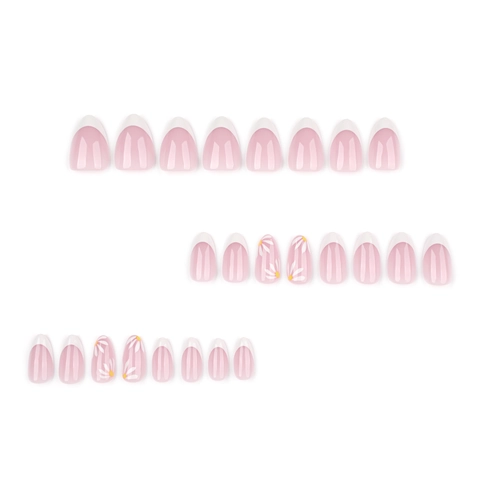 French Tip Press On Nägel Weiße Gänseblümchen Blumenmuster Mandelform Glänzende Nude Rosa Künstliche Fingernägel Für Damen