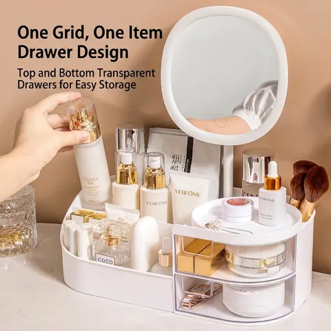 Plastik Make-up Organizer Box Transparente Schubladen Multi Gitter Desktop Kosmetik Aufbewahrung Spiegel