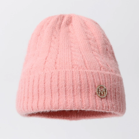 Damen Strickmütze Zopfmuster Warm Plüsch Winter Umschlagmütze Mit Strass M Buchstaben Metallabzeichen