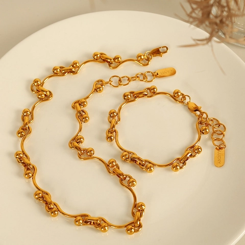 Collana E Bracciale In Acciaio Inossidabile Catena A Forma Di S Con Perle Tonde Ciondolo Lucky Moda Donna