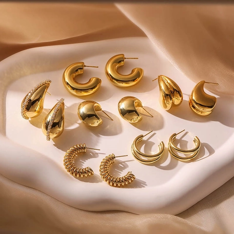 Vintage Chunky Hoop Earrings For Women 18K Gold Plated Brass Geometric C Shape Studs With Silver Earring Post
