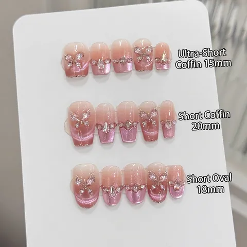 Press On Nails Handmade Pink French Gradient Cat Eye Effect With Rhinestone Butterfly Luxury Reusable Artificial