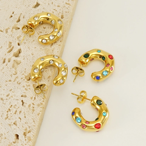 Boucles D'oreilles Puces En Forme De C Plaqué Or 18K Acier Inoxydable Géométrique Irrégulier Zircon Strass Bijoux Pour Femmes