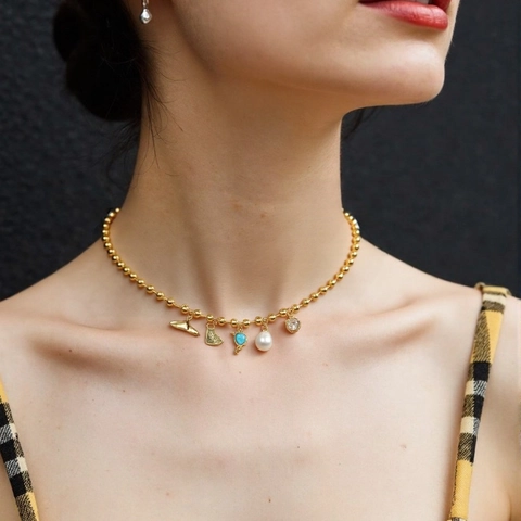 Collar De Cobre Chapado En Oro Con Circonita Perla De Agua Dulce Dijes De Corazón Mal De Ojo Cadena De Bolas Para Mujer