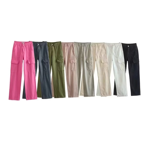 Women Casual Cargo Pants High Waist Straight Leg Multi Pockets Solid Color Brushed Cotton Work Pants For Daily Streetwear
