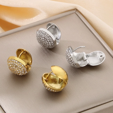 Huggie Ohrringe Edelstahl 18K Vergoldet Pavé Zirkonia Rund Gewölbt Geometrisch Modeschmuck Für Damen
