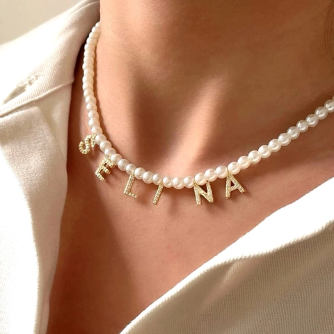 Vintage Artificial Pearl Necklace With DIY Alphabet Letter Pendant Stainless Steel Gold Plated Zircon Clavicle Chain For Women