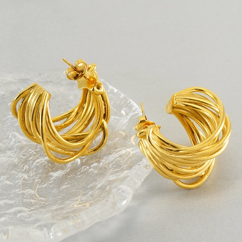 C-Shape Hoop Earrings 18K Gold Plated Stainless Steel Multi-layer Wrapped Geometric Round Retro Minimalist For Women
