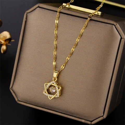 Collana con Pendente a Esagramma Danzante per Donna Placcata Oro Rosa in Acciaio al Titanio Stella con Strass Gioielli Eleganti