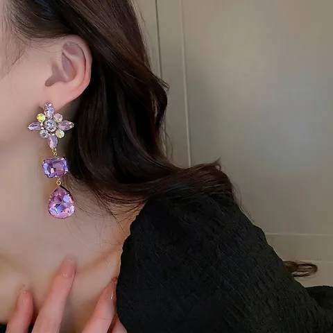 Orecchini A Goccia D'acqua Con Fiori Di Cristallo E Strass Viola Con Perno In Argento Sterling 925 Moda Donna