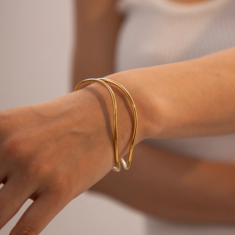 Brazalete De Ola Irregular Chapado En Oro De 18K Acero Inoxidable Ancho Superficie Rugosa Joyería De Moda Para Mujer