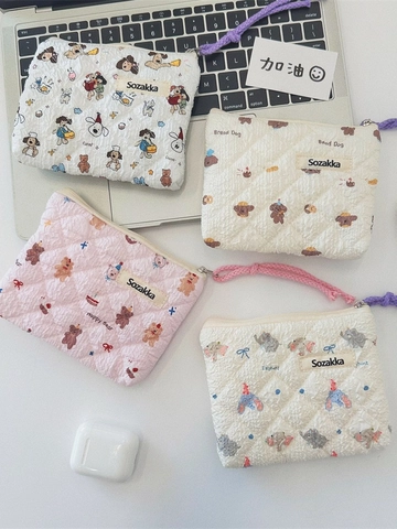 Borsa Da Trucco Portatile In Cotone Trapuntato Stampa Orso Coniglio Floreale Mini Pochette Con Cerniera Per Rossetto Auricolari