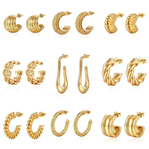 Orecchini A Cerchio In Acciaio Inossidabile Placcato Oro 18 Carati Gioielli Di Moda Geometrici Texturizzati Per Donna