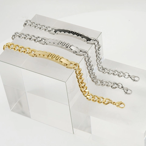 Heren Roestvrijstalen Cubaanse Schakelarmband Met Rechthoekige ID Plaat Golfpatroon Sieraden 18K Verguld